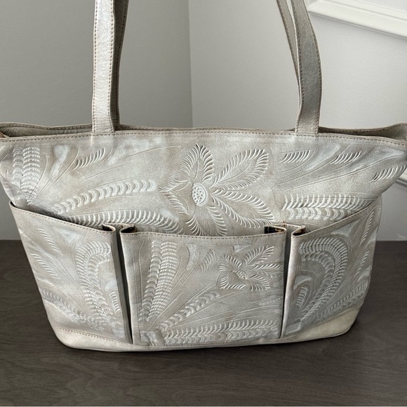 Made by JL Salivar in Paraguay.Cream Tooled Leather Tote Bag.